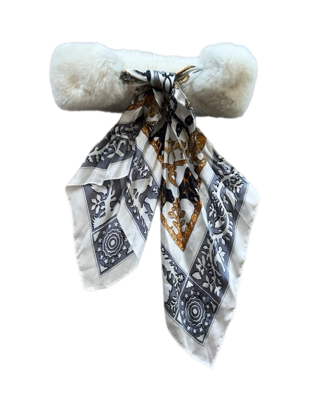 Faux Fur Collar Scarf with Ivory and Gold Patterned Silk Tie